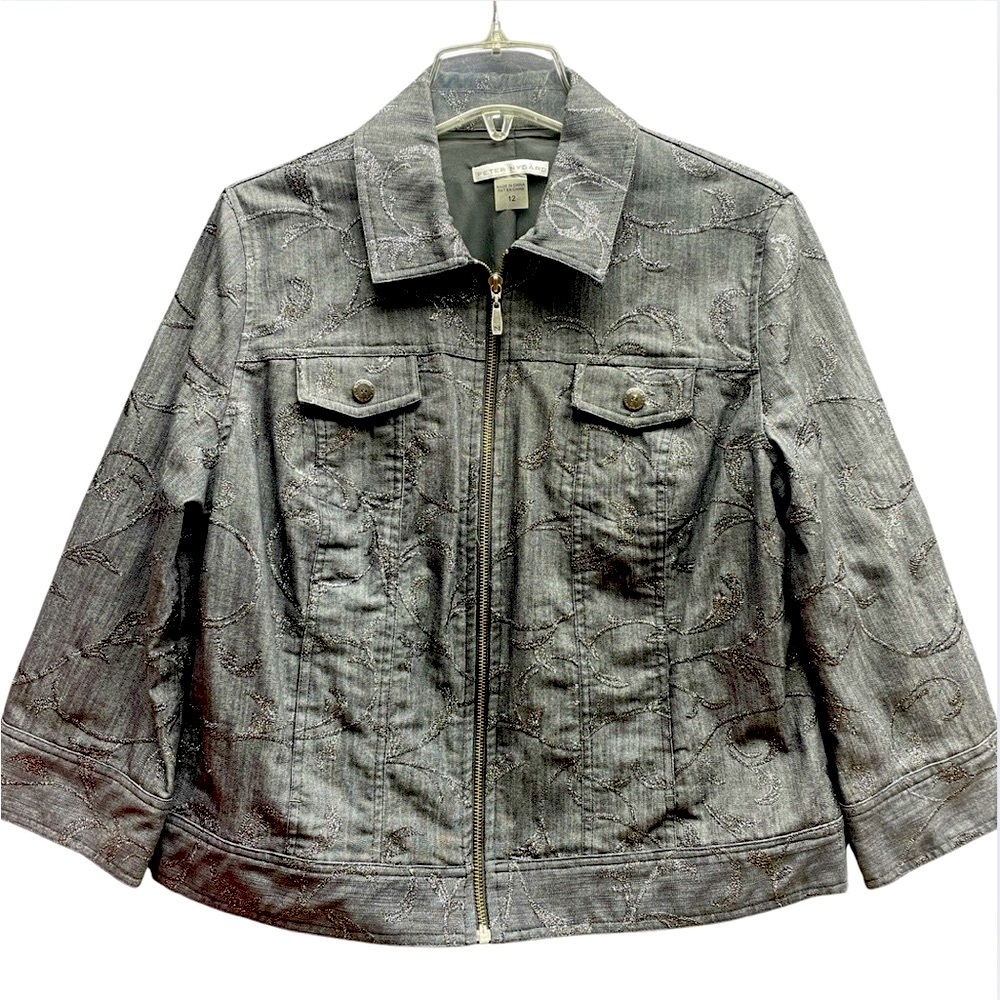 Peter Nygard Gray Sparkly Embroidered Denim Style Zip Jacket Sz 12